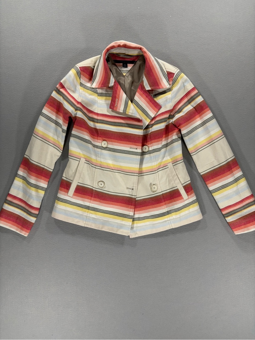 Tommy Hilfiger Striped Double-Breasted Peacoat - Red, Cream & Yellow XS
